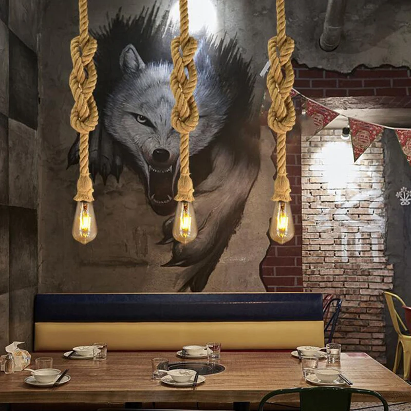 Natuurlijke Henneptouw Hanglamp Retro Industriële Kale Lamp Enkele Lichte Plafondhanger voor Bar Coffee Shop Clearhalo