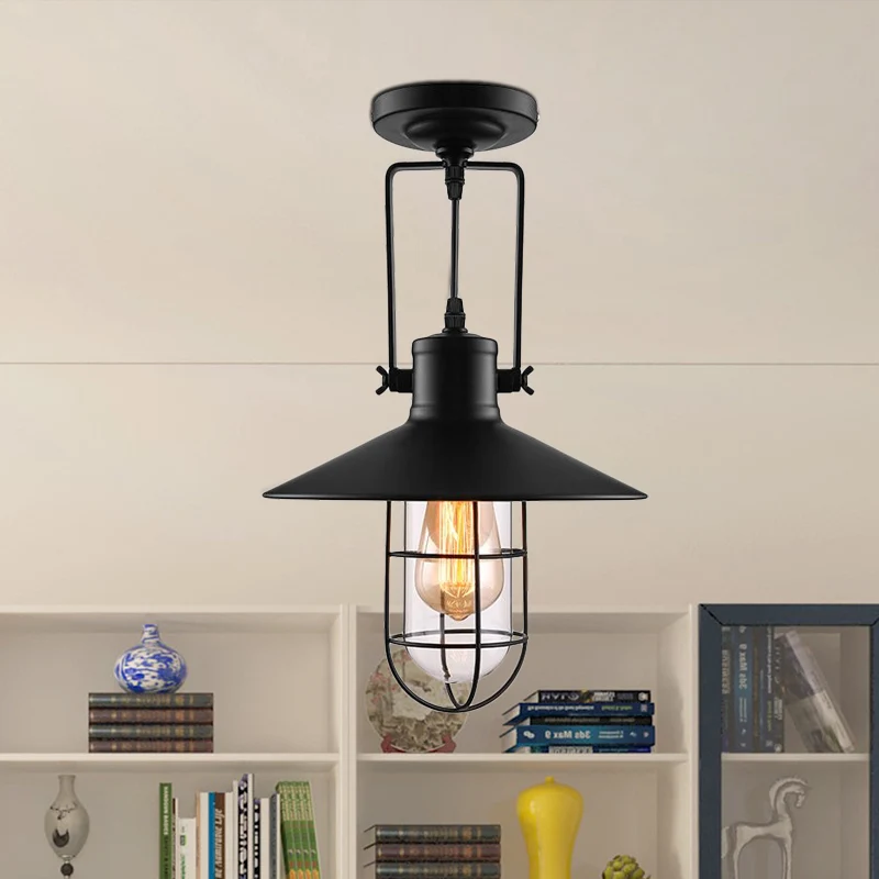Nautische kegel semi-inbouwverlichting 1 kop metalen plafondlamp met kooikap zwart Clearhalo