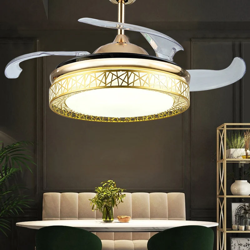 Nestvormige woonkamer plafondventilator licht metaal 19" brede LED eenvoud semi-inbouwmontage, 4 bladen Clearhalo