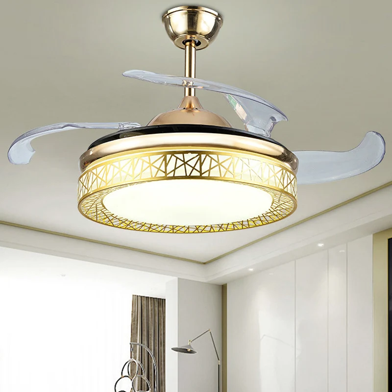 Nestvormige woonkamer plafondventilator licht metaal 19" brede LED eenvoud semi-inbouwmontage, 4 bladen Clearhalo