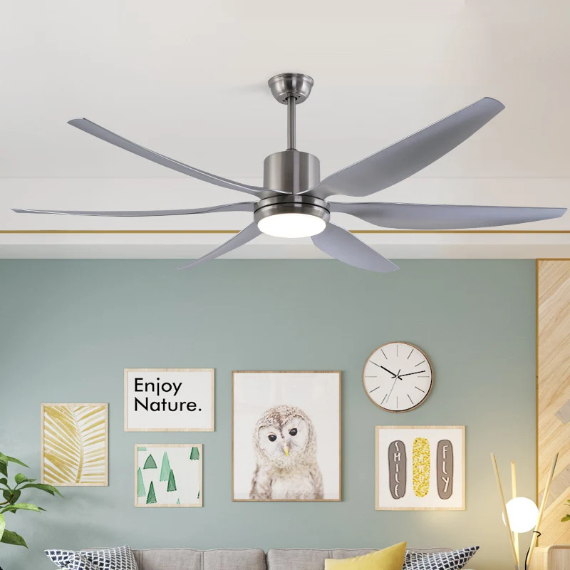 Nikkel ronde plafondventilatorlamp moderne metalen slaapkamer LED semi-inbouwlamp met 6 grijze bladen, 66" W Clearhalo