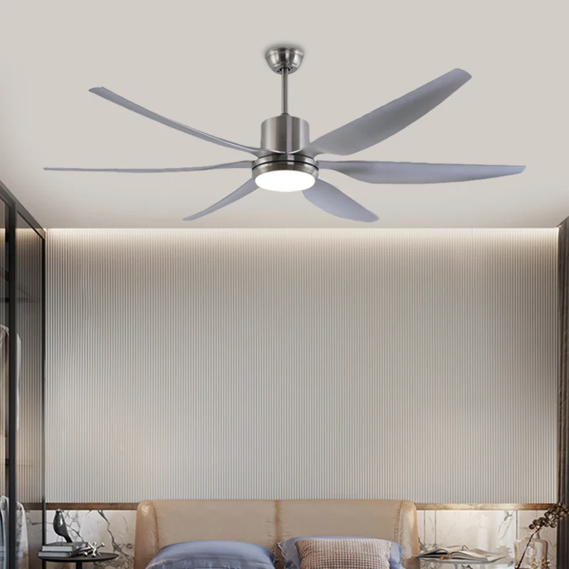 Nikkel ronde plafondventilatorlamp moderne metalen slaapkamer LED semi-inbouwlamp met 6 grijze bladen, 66" W Clearhalo
