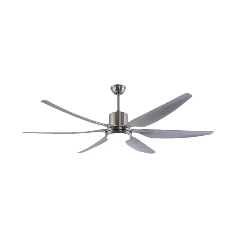 Nikkel ronde plafondventilatorlamp moderne metalen slaapkamer LED semi-inbouwlamp met 6 grijze bladen, 66" W Clearhalo