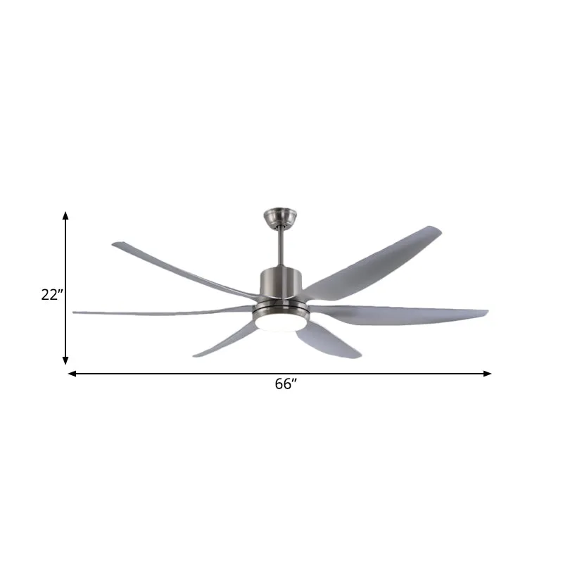 Nikkel ronde plafondventilatorlamp moderne metalen slaapkamer LED semi-inbouwlamp met 6 grijze bladen, 66" W Clearhalo