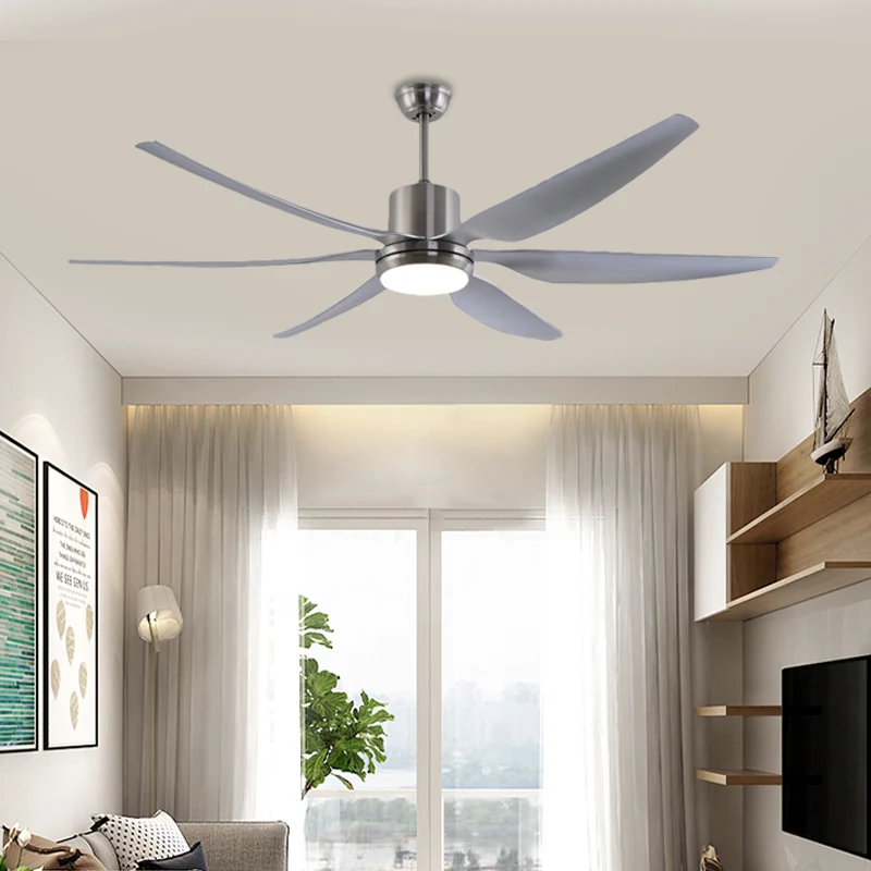 Nikkel ronde plafondventilatorlamp moderne metalen slaapkamer LED semi-inbouwlamp met 6 grijze bladen, 66" W Clearhalo