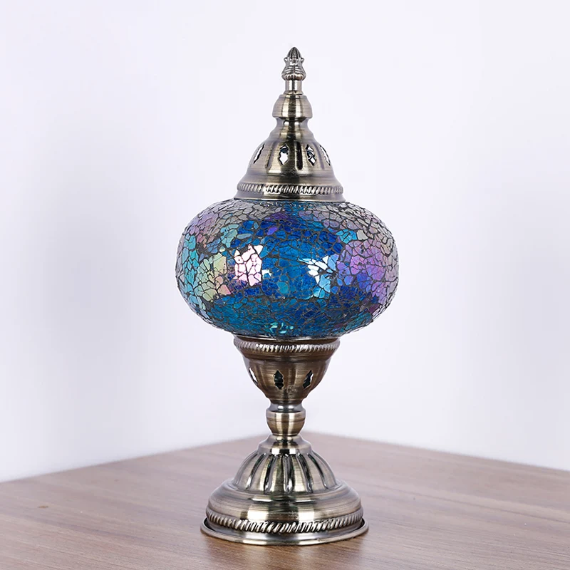 Nikkelen toren nachtkastje licht mediterrane stijl rood/blauw gebrandschilderd glas 1 hoofd slaapkamer tafellamp Clearhalo