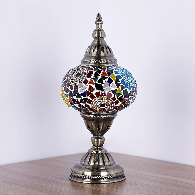 Nikkelen toren nachtkastje licht mediterrane stijl rood/blauw gebrandschilderd glas 1 hoofd slaapkamer tafellamp Clearhalo