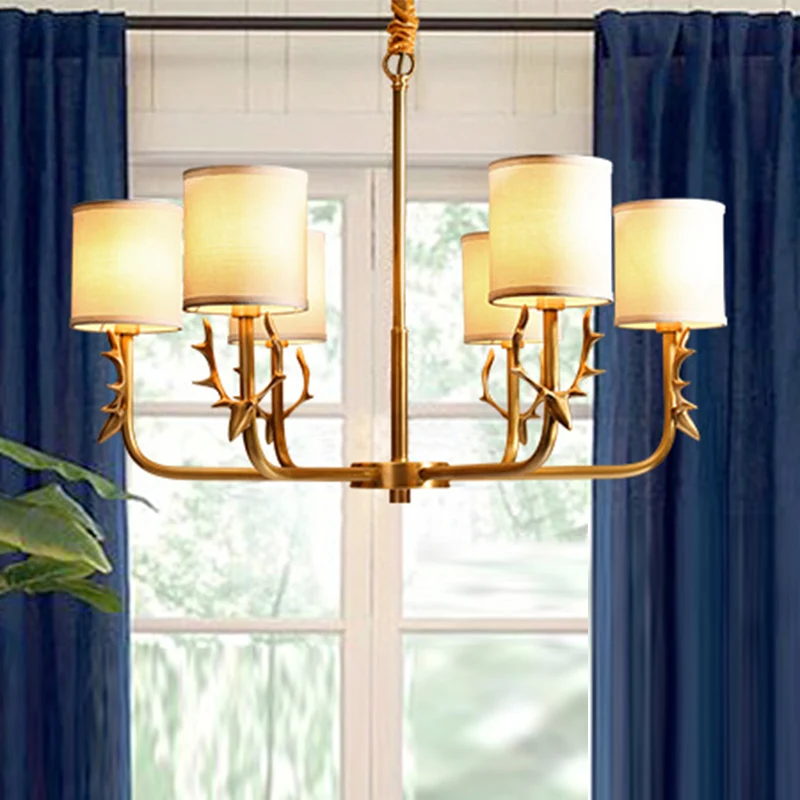 Noordse cilindrische kroonluchter stoffen woonkamer hanglamp met gewei-deco goud Clearhalo