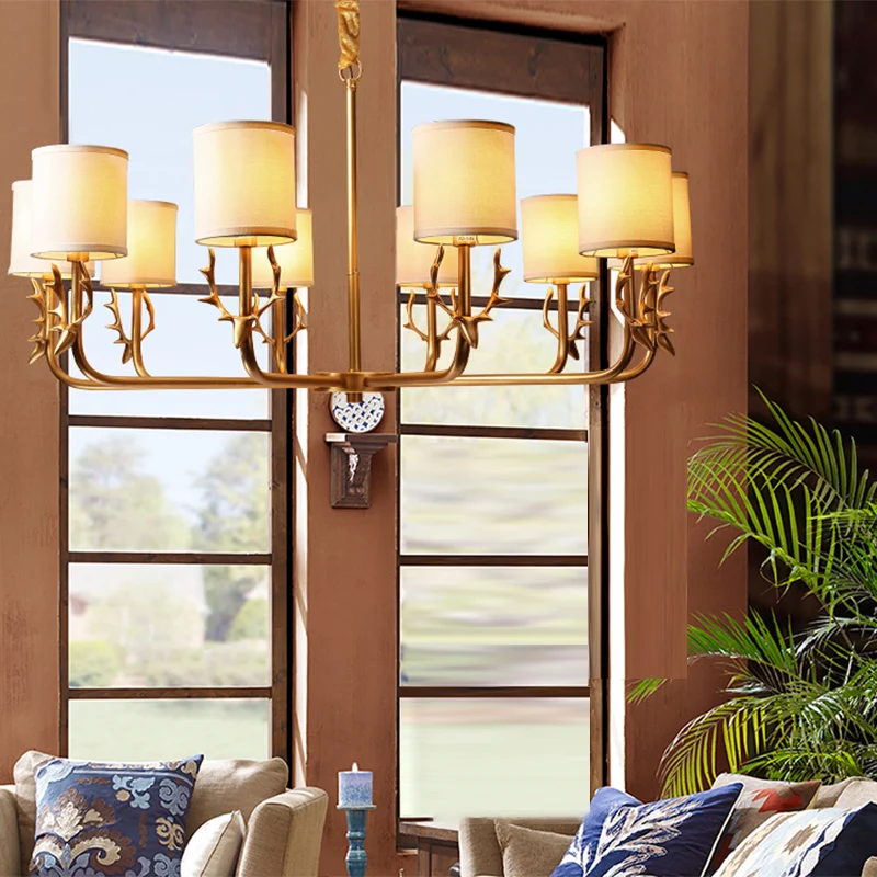 Noordse cilindrische kroonluchter stoffen woonkamer hanglamp met gewei-deco goud Clearhalo