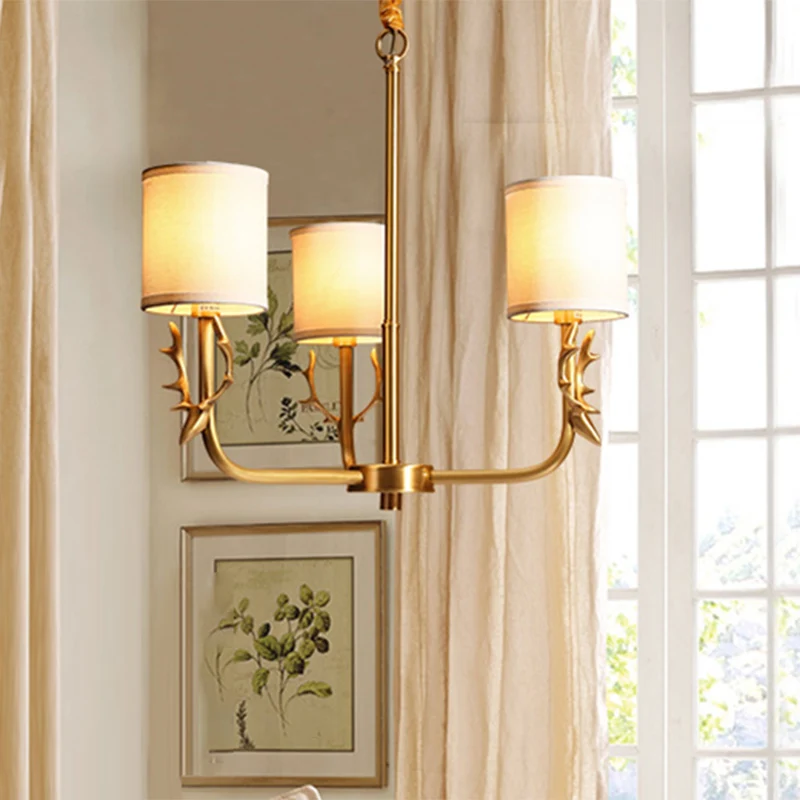 Noordse cilindrische kroonluchter stoffen woonkamer hanglamp met gewei-deco goud Clearhalo