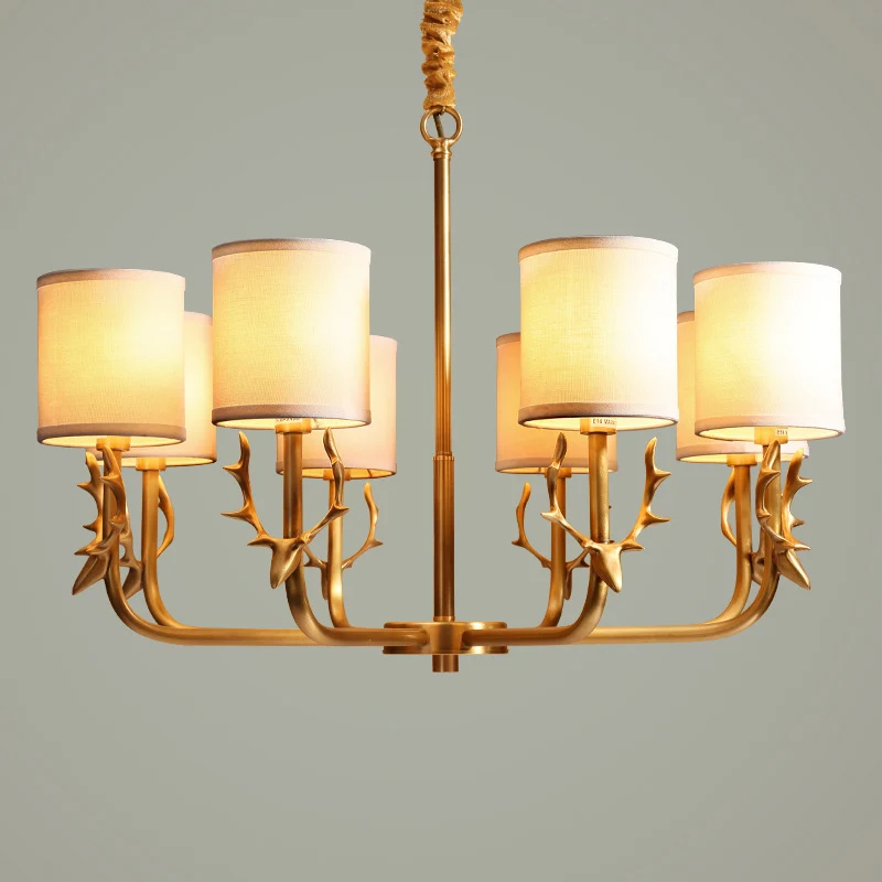 Noordse cilindrische kroonluchter stoffen woonkamer hanglamp met gewei-deco goud Clearhalo