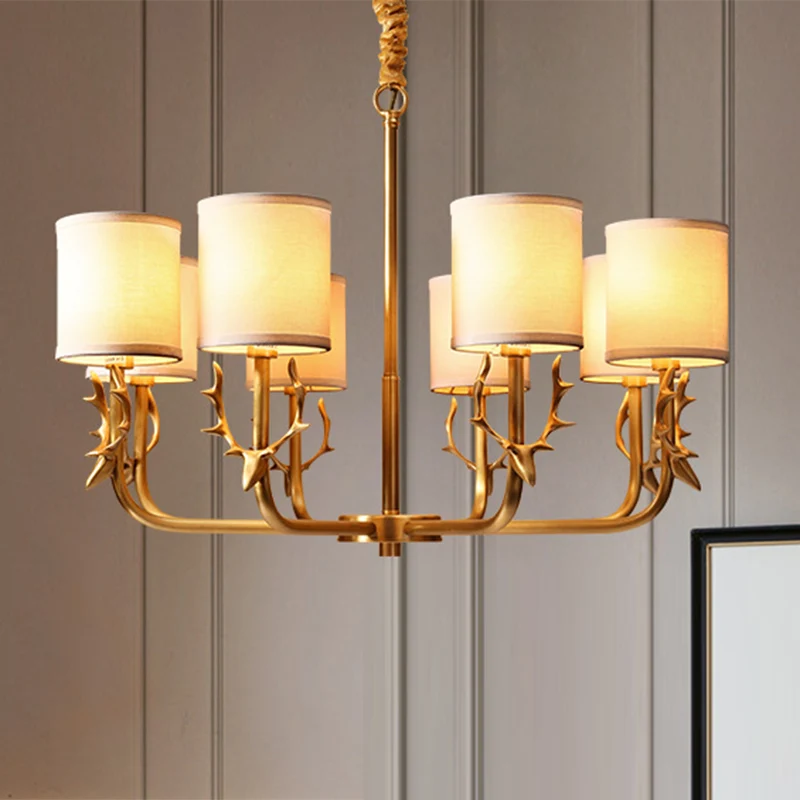 Noordse cilindrische kroonluchter stoffen woonkamer hanglamp met gewei-deco goud Clearhalo