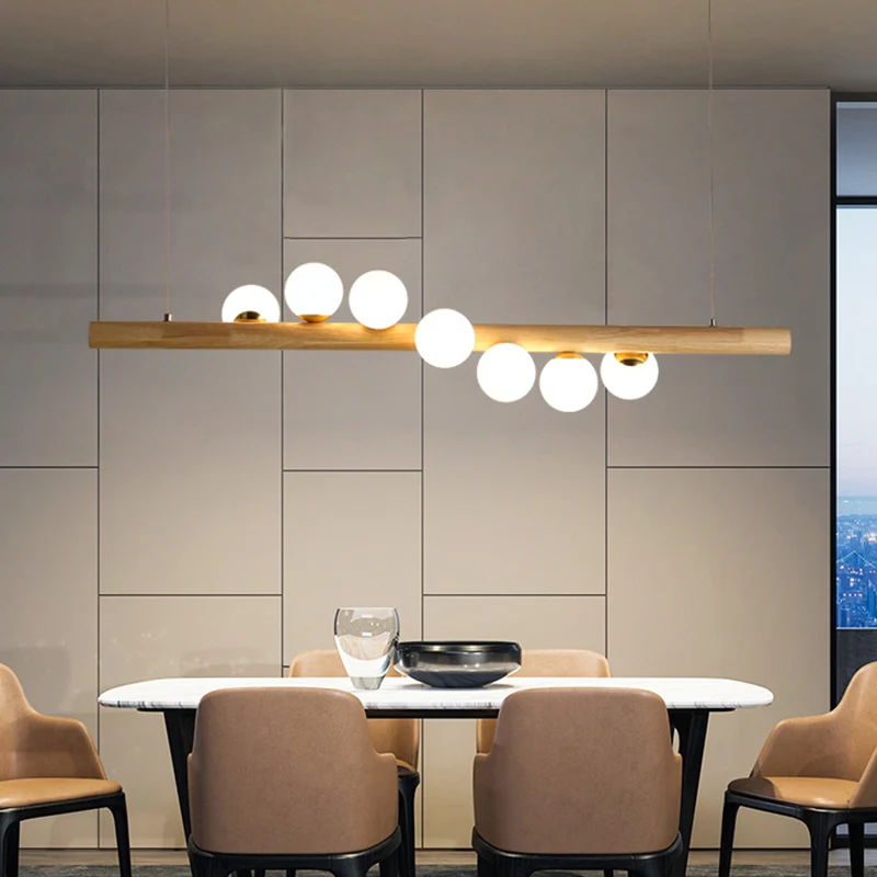 Noordse lineaire houten eilandhanger met bolvormig glazen eilandlicht beige voor eetkamer Clearhalo