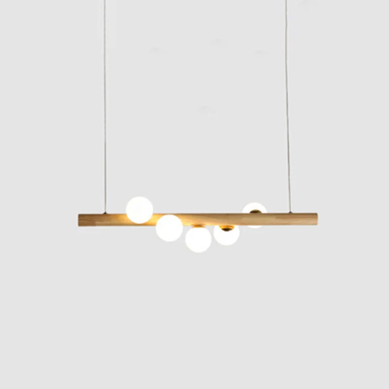 Noordse lineaire houten eilandhanger met bolvormig glazen eilandlicht beige voor eetkamer Clearhalo
