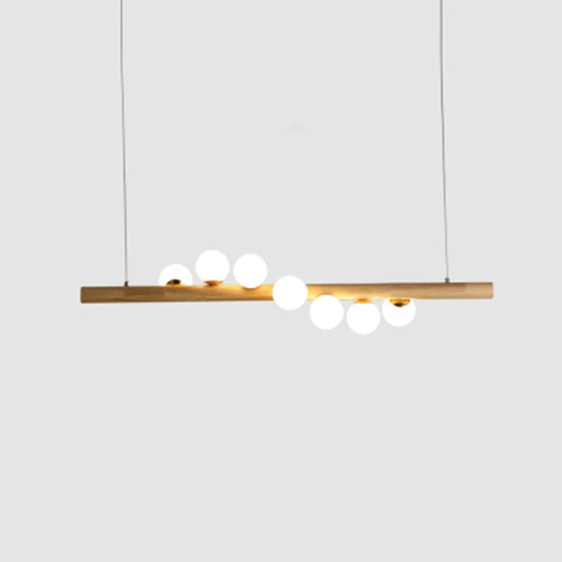 Noordse lineaire houten eilandhanger met bolvormig glazen eilandlicht beige voor eetkamer Clearhalo