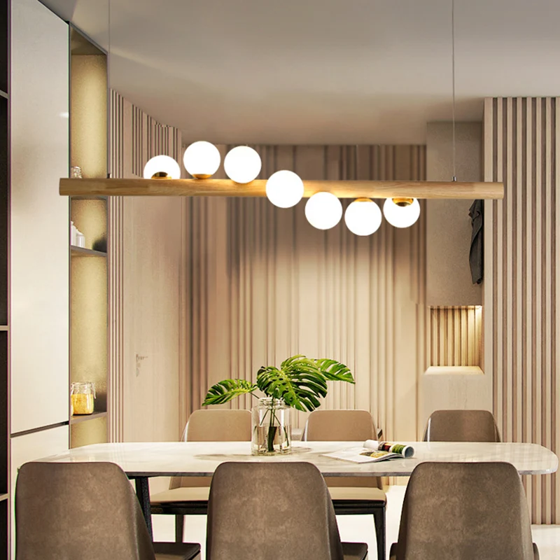 Noordse lineaire houten eilandhanger met bolvormig glazen eilandlicht beige voor eetkamer Clearhalo