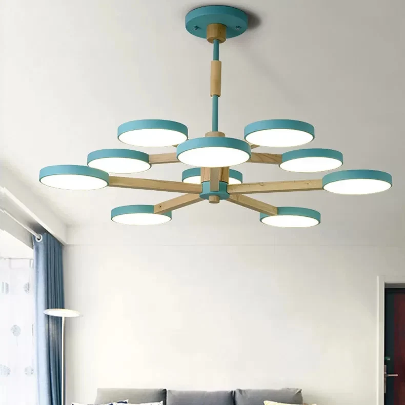 Noordse Macaron gekleurde kroonluchter rond 2 lagen hout en acryl hanglamp Clearhalo