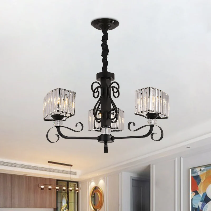 Noordse trapeziumvormige kroonluchter licht prismatisch optisch kristal 3/6-kops hanglamp zwart Clearhalo