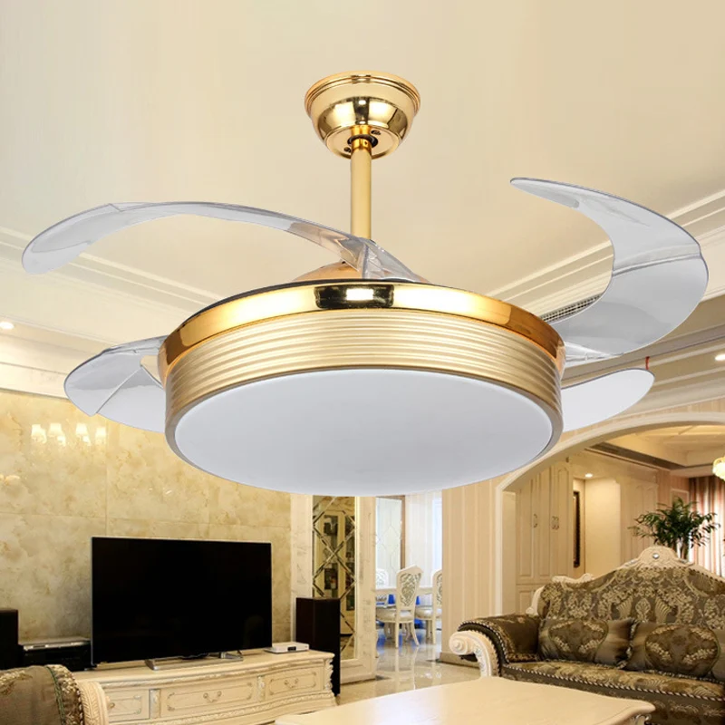Nordic 20-inch brede LED-plafondventilator Licht Goud Ronde Semi-inbouwverlichting met acrylscherm, 4 bladen Clearhalo