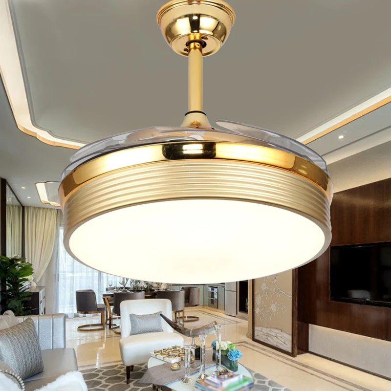 Nordic 20-inch brede LED-plafondventilator Licht Goud Ronde Semi-inbouwverlichting met acrylscherm, 4 bladen Clearhalo