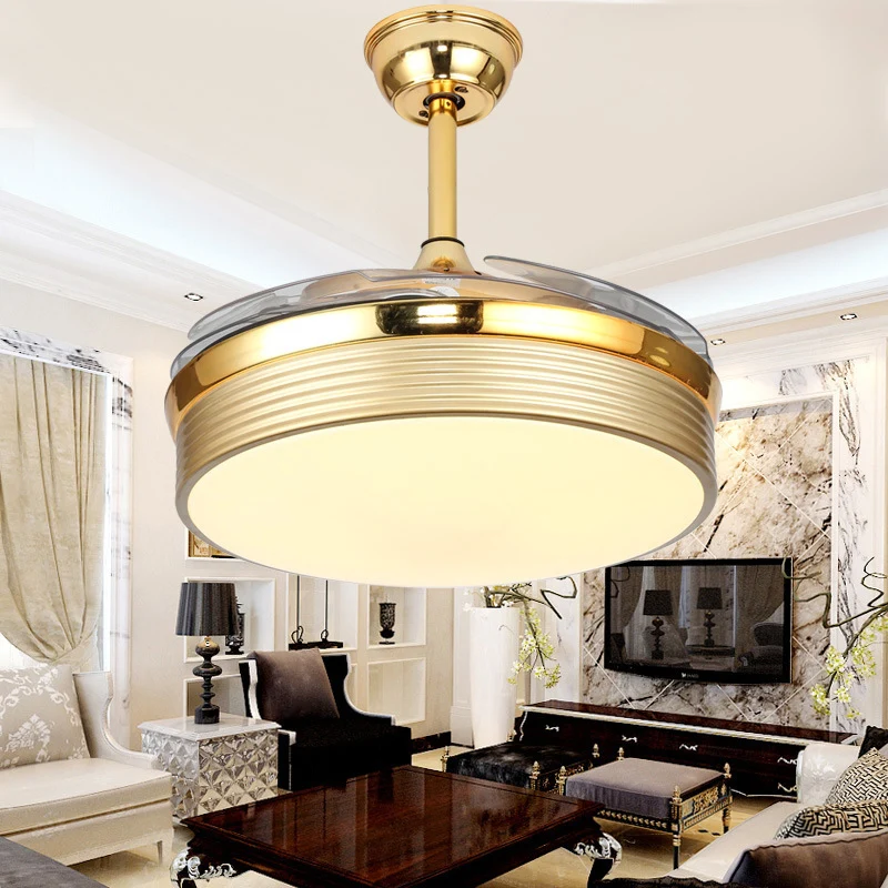Nordic 20-inch brede LED-plafondventilator Licht Goud Ronde Semi-inbouwverlichting met acrylscherm, 4 bladen Clearhalo