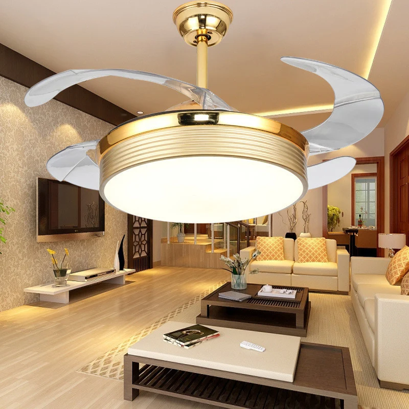 Nordic 20-inch brede LED-plafondventilator Licht Goud Ronde Semi-inbouwverlichting met acrylscherm, 4 bladen Clearhalo