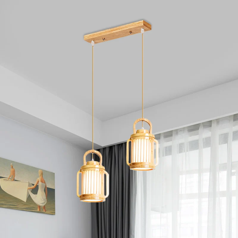 Nordic 2-kops hanglamp beige waterkan multi-licht hanglamp met houten kap Clearhalo