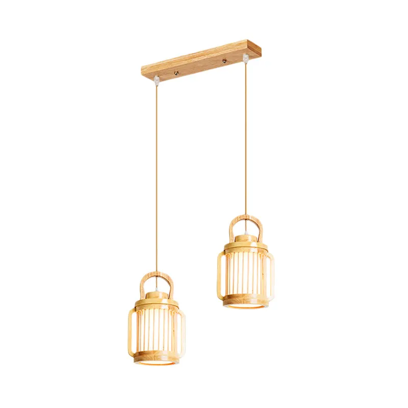 Nordic 2-kops hanglamp beige waterkan multi-licht hanglamp met houten kap Clearhalo