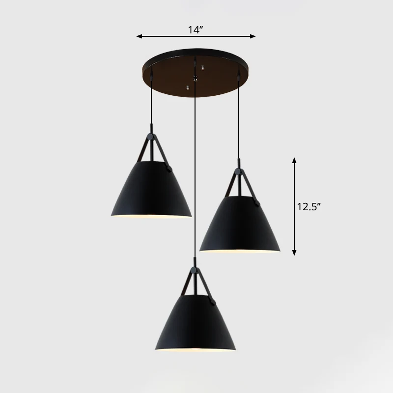 Nordic 3-lichts clusterhangende conische hanglamp met metalen kap en leren band Clearhalo