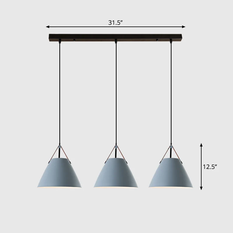 Nordic 3-lichts clusterhangende conische hanglamp met metalen kap en leren band Clearhalo