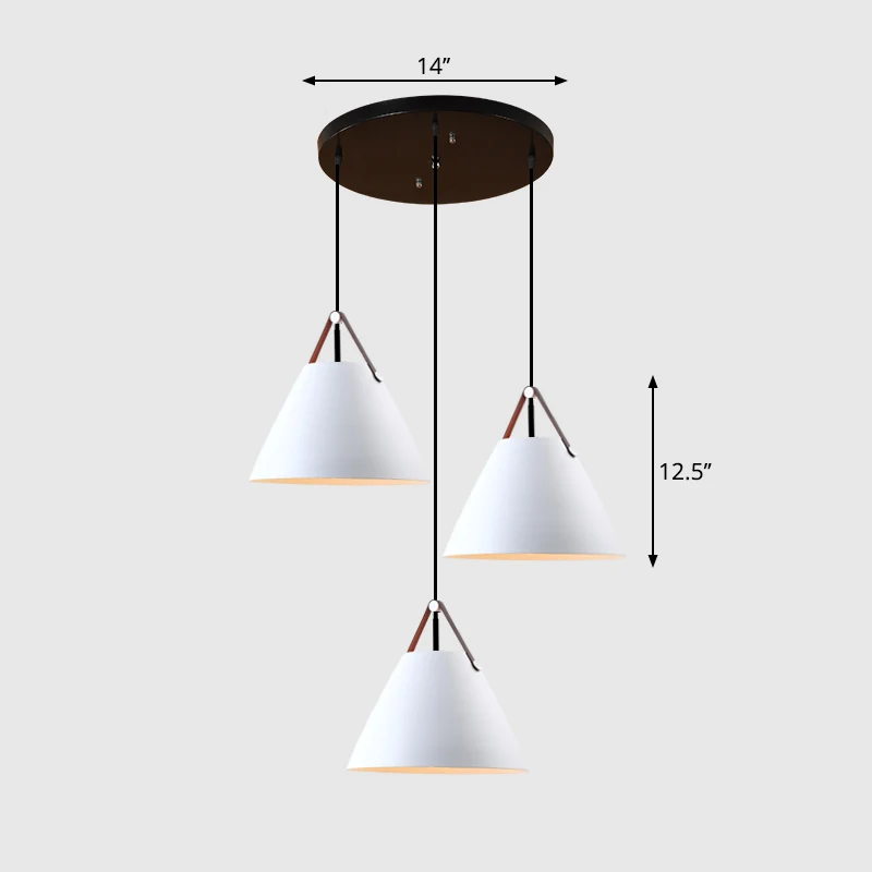 Nordic 3-lichts clusterhangende conische hanglamp met metalen kap en leren band Clearhalo