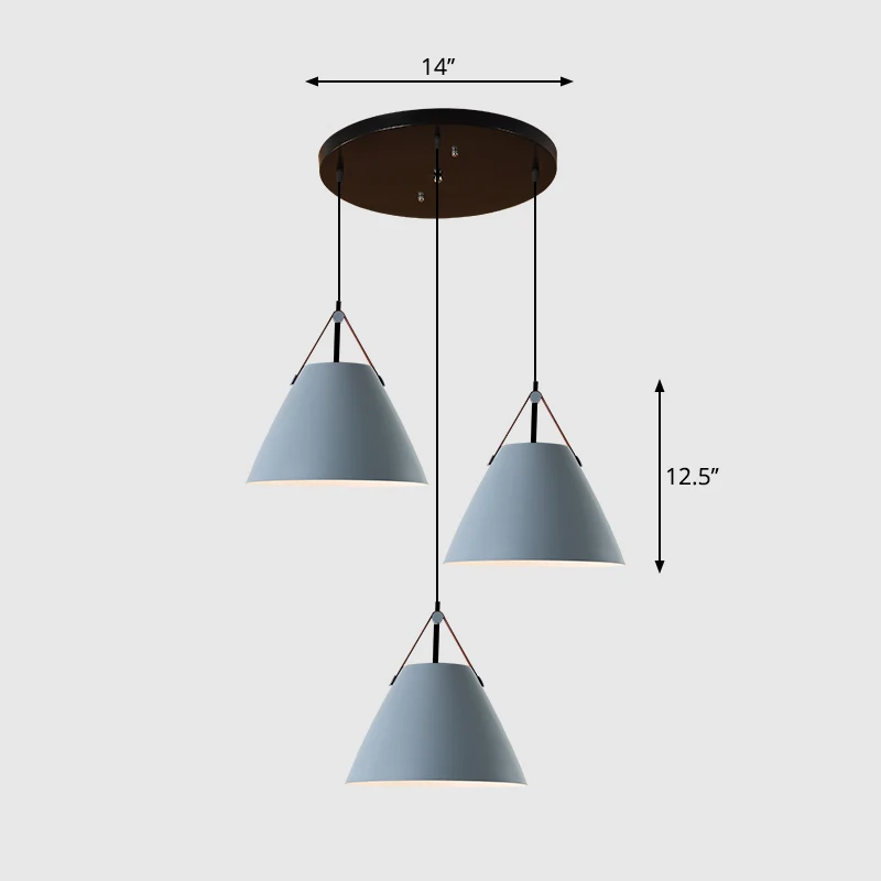 Nordic 3-lichts clusterhangende conische hanglamp met metalen kap en leren band Clearhalo