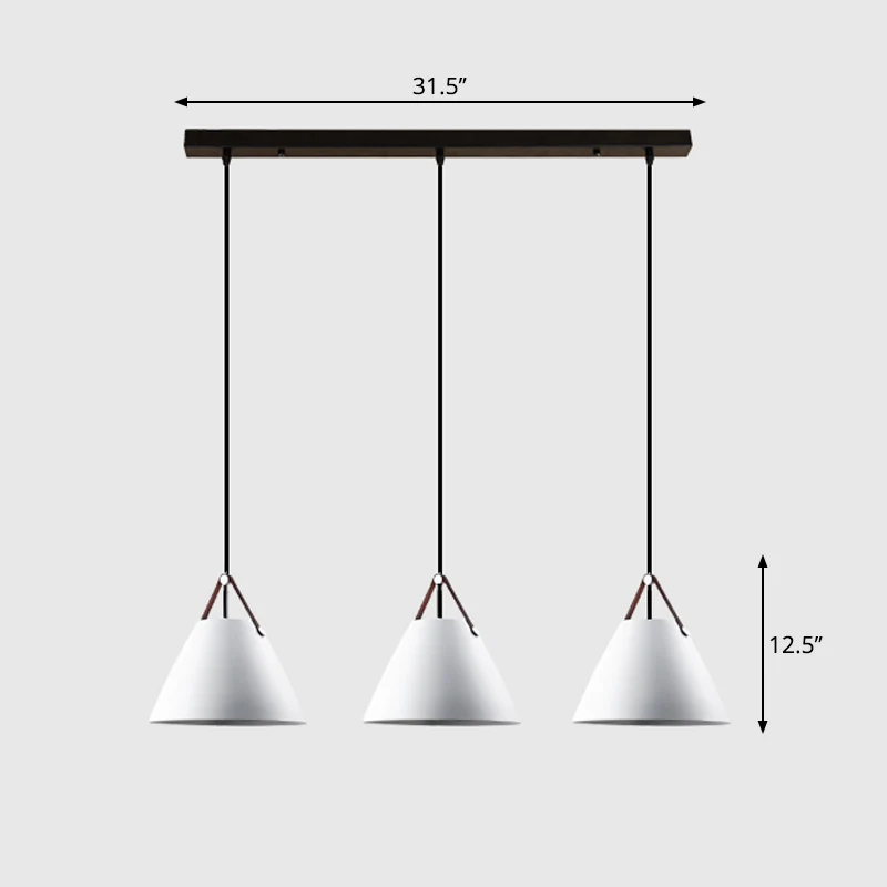 Nordic 3-lichts clusterhangende conische hanglamp met metalen kap en leren band Clearhalo
