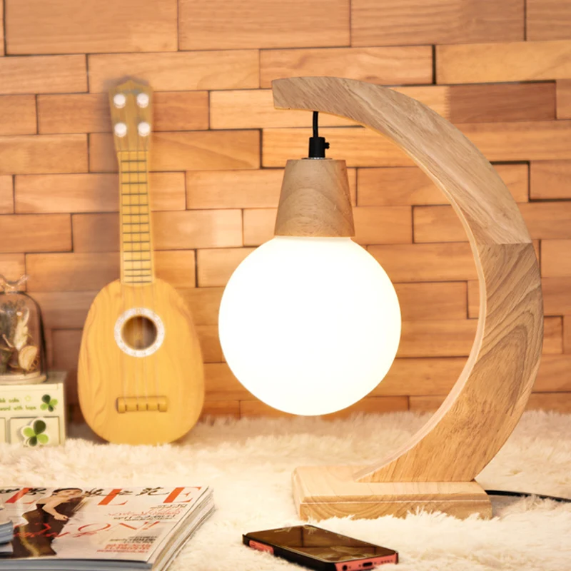 Nordic Arch Tafellamp Hout 1 Hoofd Slaapkamer Nachtstandlamp met Bal Crème Matglas Kap Clearhalo