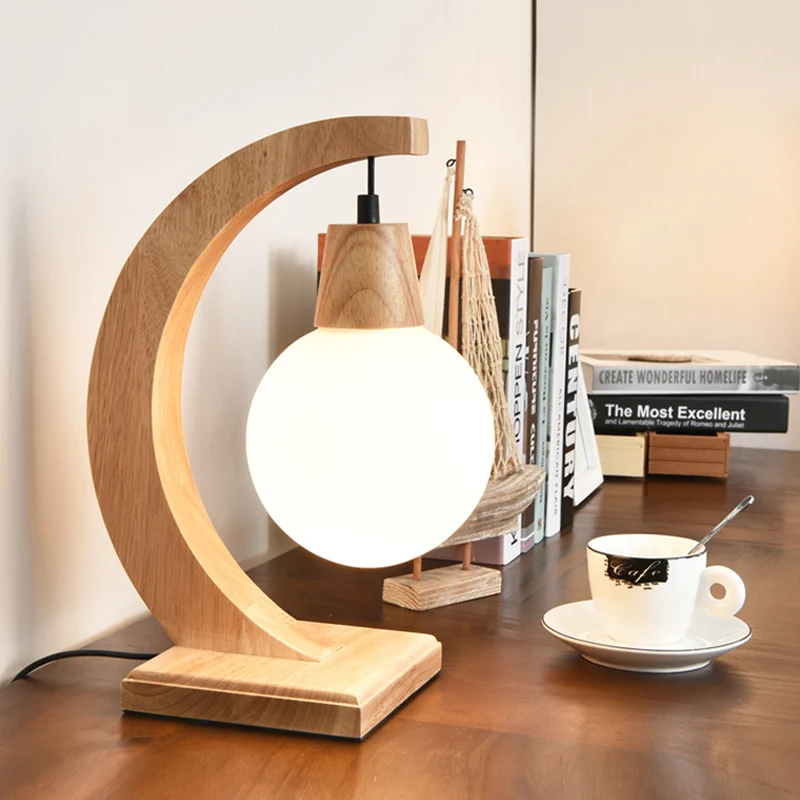 Nordic Arch Tafellamp Hout 1 Hoofd Slaapkamer Nachtstandlamp met Bal Crème Matglas Kap Clearhalo