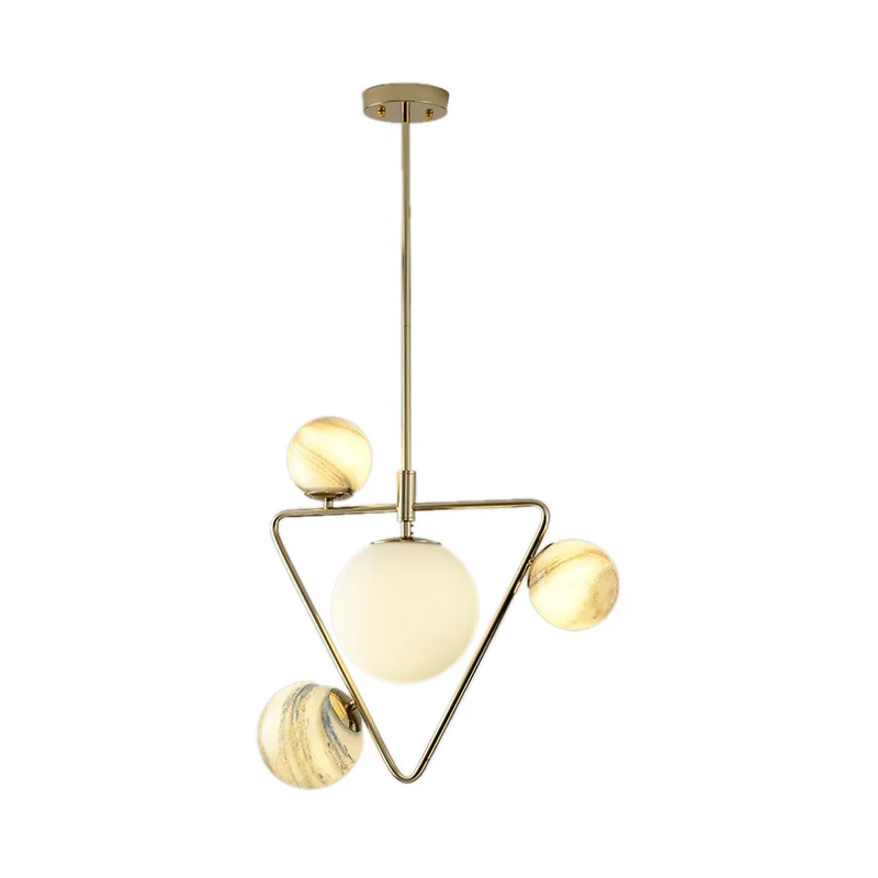 Nordic Ball kroonluchter licht matglas 4-lamps woonkamer hanglamp goud met driehoekige kooi Clearhalo