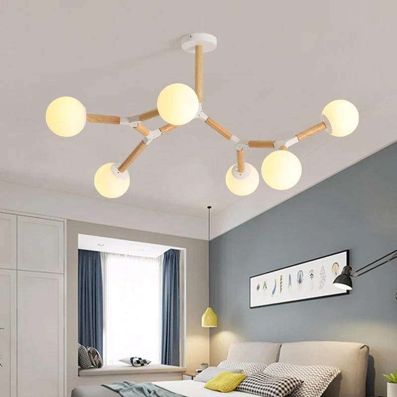 Nordic Ball Suspension Light Handgeblazen glazen eetkamer kroonluchter licht hout Clearhalo