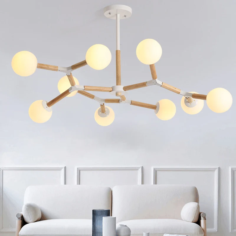 Nordic Ball Suspension Light Handgeblazen glazen eetkamer kroonluchter licht hout Clearhalo