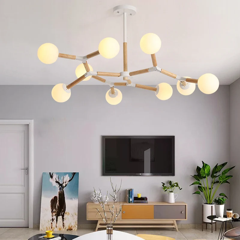Nordic Ball Suspension Light Handgeblazen glazen eetkamer kroonluchter licht hout Clearhalo