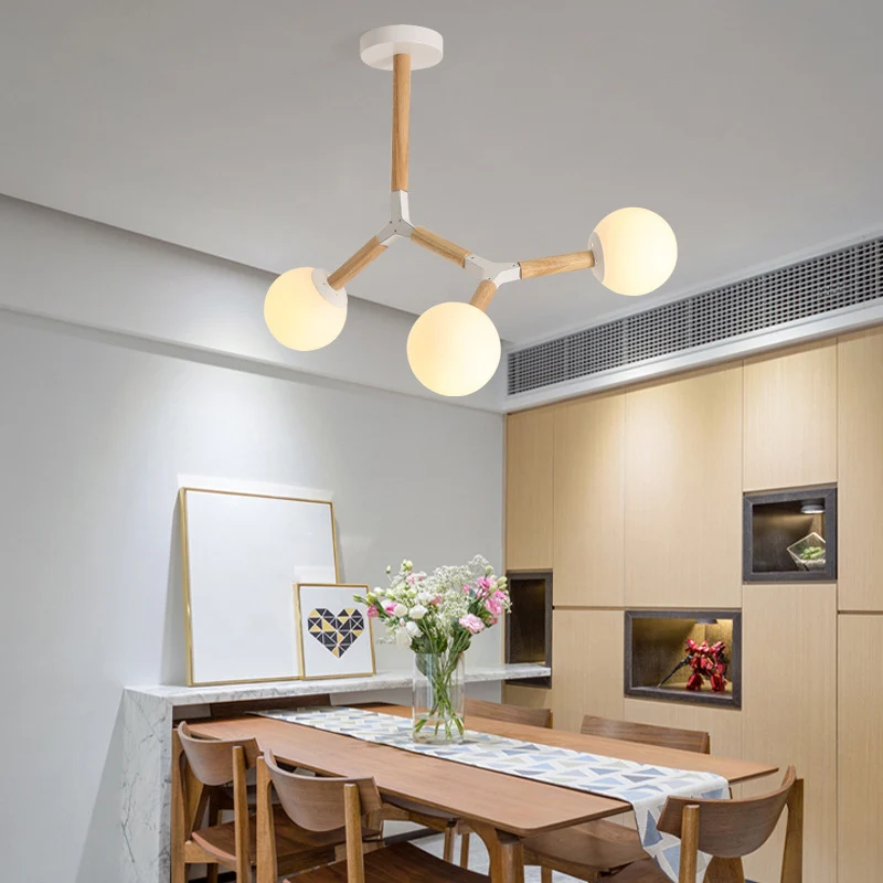 Nordic Ball Suspension Light Handgeblazen glazen eetkamer kroonluchter licht hout Clearhalo
