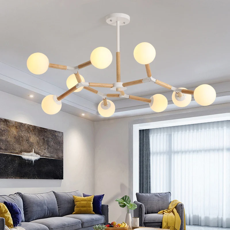 Nordic Ball Suspension Light Handgeblazen glazen eetkamer kroonluchter licht hout Clearhalo