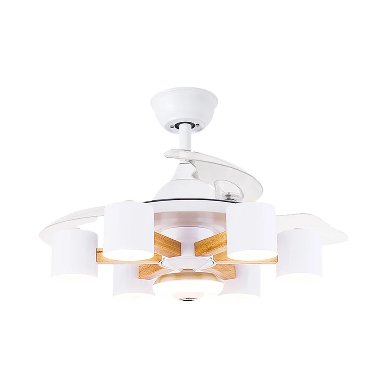 Nordic Cilinder Semi Flush Acryl 42" W 6-koppige Woonkamer Hangventilator Licht Met 3 Heldere Bladen Blauw/Wit Clearhalo