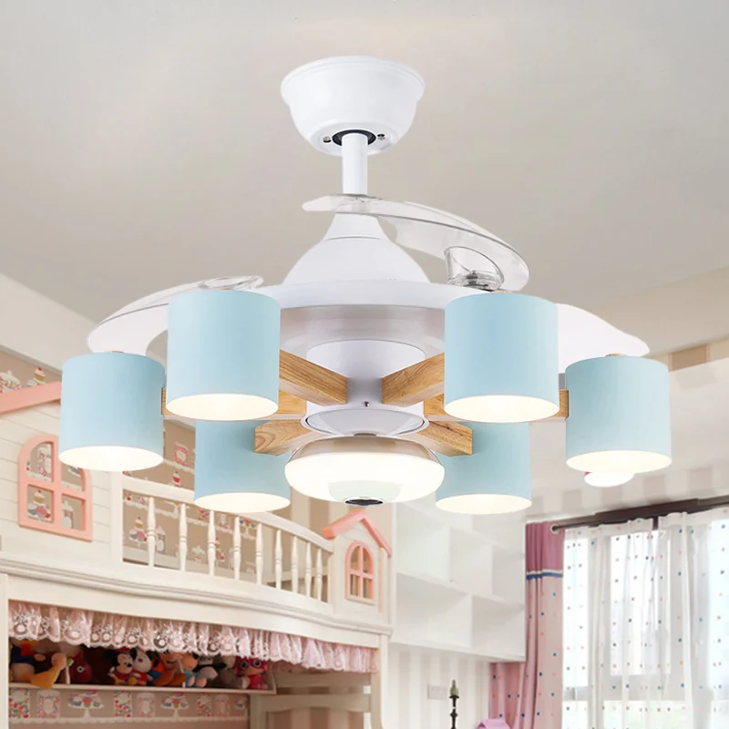Nordic Cilinder Semi Flush Acryl 42" W 6-koppige Woonkamer Hangventilator Licht Met 3 Heldere Bladen Blauw/Wit Clearhalo
