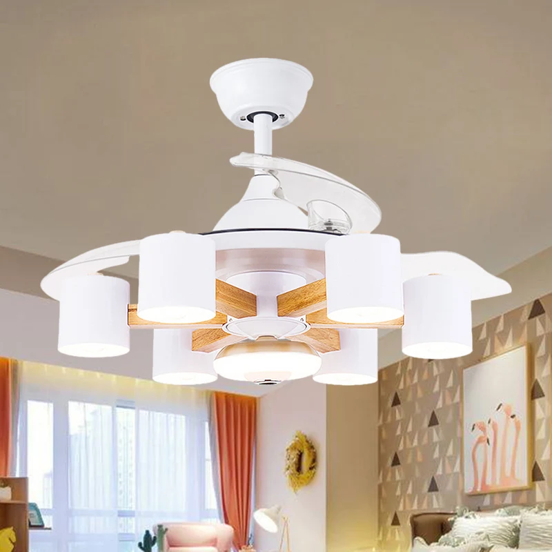 Nordic Cilinder Semi Flush Acryl 42" W 6-koppige Woonkamer Hangventilator Licht Met 3 Heldere Bladen Blauw/Wit Clearhalo