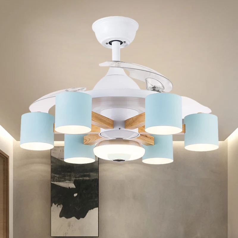 Nordic Cilinder Semi Flush Acryl 42" W 6-koppige Woonkamer Hangventilator Licht Met 3 Heldere Bladen Blauw/Wit Clearhalo