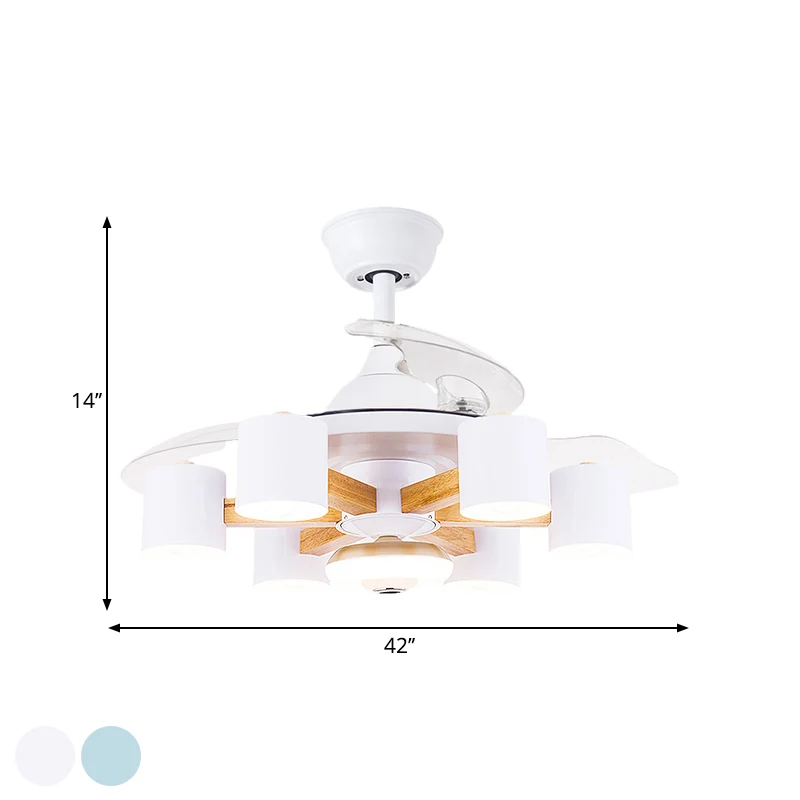 Nordic Cilinder Semi Flush Acryl 42" W 6-koppige Woonkamer Hangventilator Licht Met 3 Heldere Bladen Blauw/Wit Clearhalo