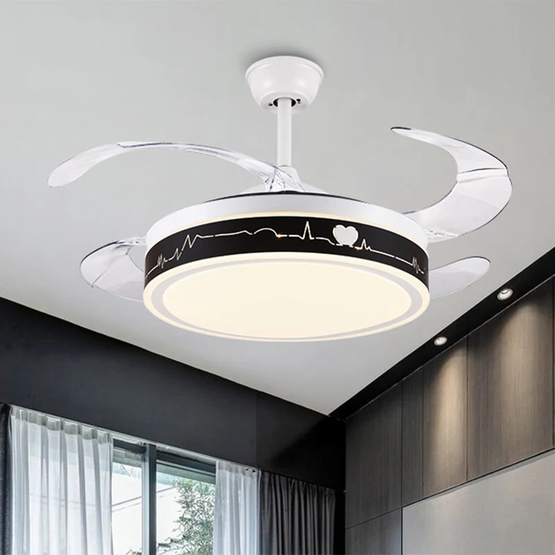 Nordic Drum Hangende ventilatorlamp Acryl-tekenkamer 4-blads LED Semi-Flush met hartpatroon zwart en wit, 42" W Clearhalo