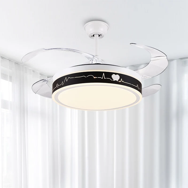 Nordic Drum Hangende ventilatorlamp Acryl-tekenkamer 4-blads LED Semi-Flush met hartpatroon zwart en wit, 42" W Clearhalo