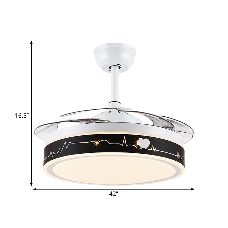 Nordic Drum Hangende ventilatorlamp Acryl-tekenkamer 4-blads LED Semi-Flush met hartpatroon zwart en wit, 42" W Clearhalo