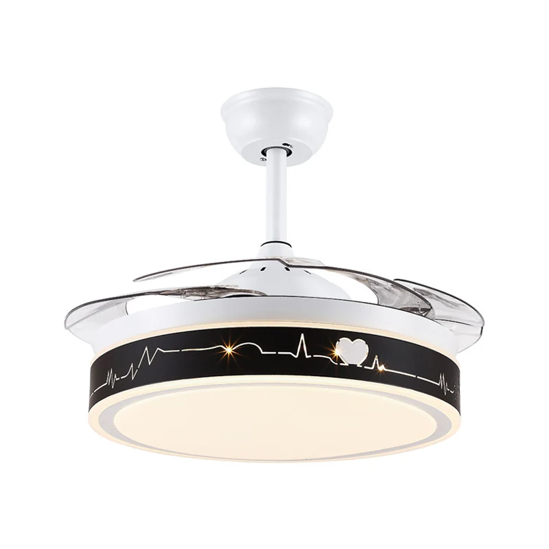 Nordic Drum Hangende ventilatorlamp Acryl-tekenkamer 4-blads LED Semi-Flush met hartpatroon zwart en wit, 42" W Clearhalo
